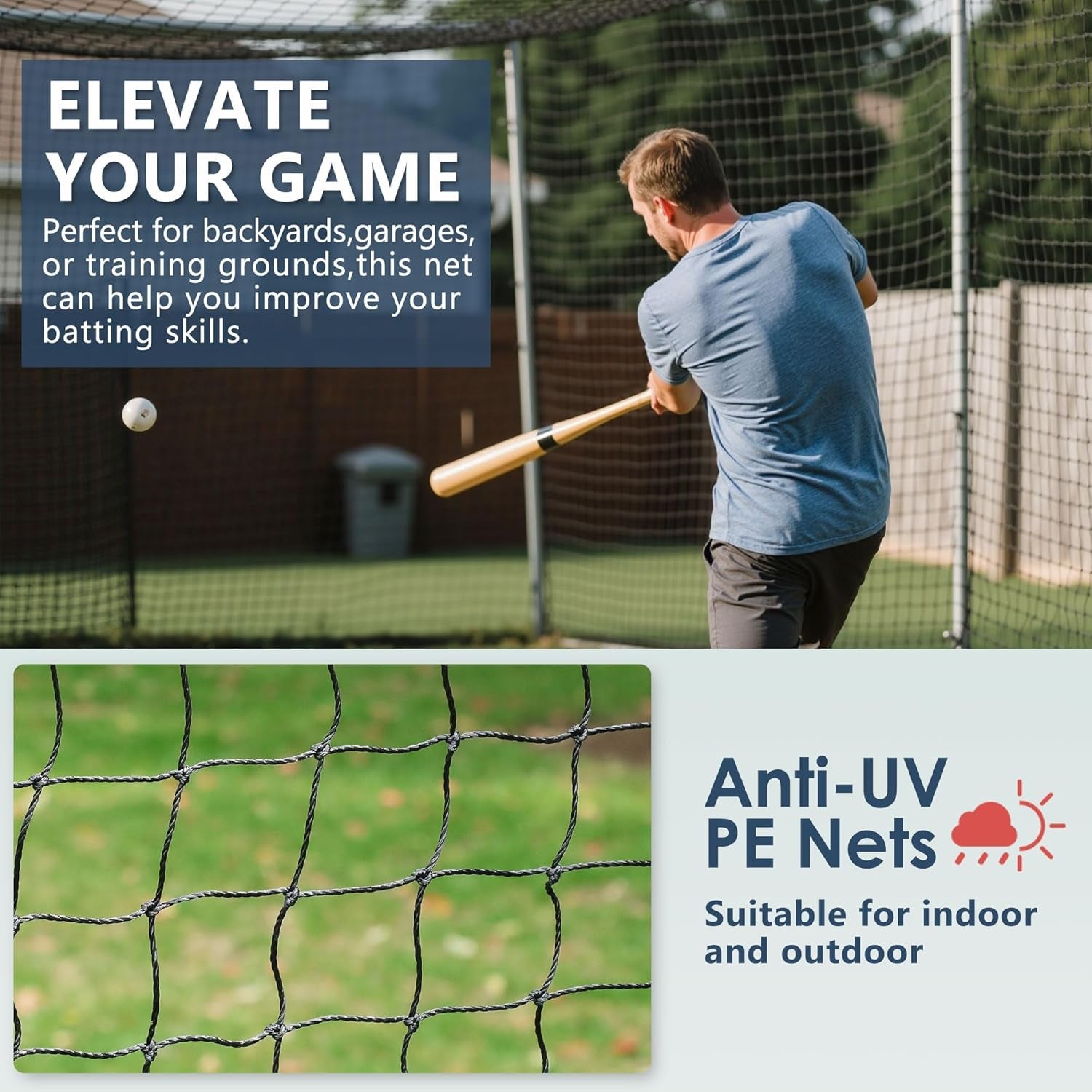 Batting Cage Net 55'L/35'L/20'L, Fully Enclosed Baseball & Softball Cage Netting - NET ONLY - Not Include Poles and Frame - PE Hitting Cage Net with Door, Batting Nets for Baseball Backyard