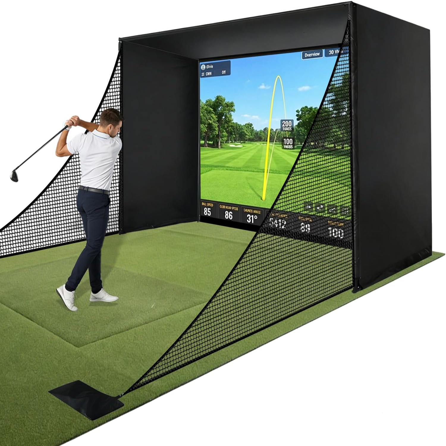Upgraded Golf Simulator Enclosure, 10 X 8 Ft Golf Simulators for Home, HD Triple Layer Impact Screen, Foam Padding Steel Frame, Side Barrier Netting & Lightproof Cloth