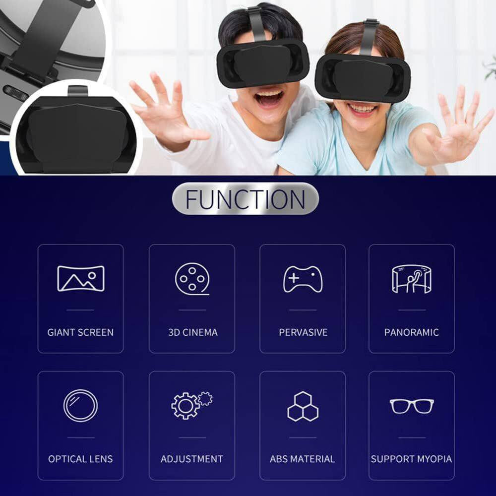 Virtual Reality VR Headset 3D Glasses Black Stereo Headphones for 4.7-7 In. Phones with 360° Experience