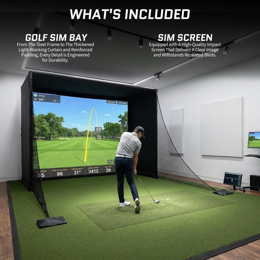 Upgraded Golf Simulator Enclosure, 10 X 8 Ft Golf Simulators for Home, HD Triple Layer Impact Screen, Foam Padding Steel Frame, Side Barrier Netting & Lightproof Cloth