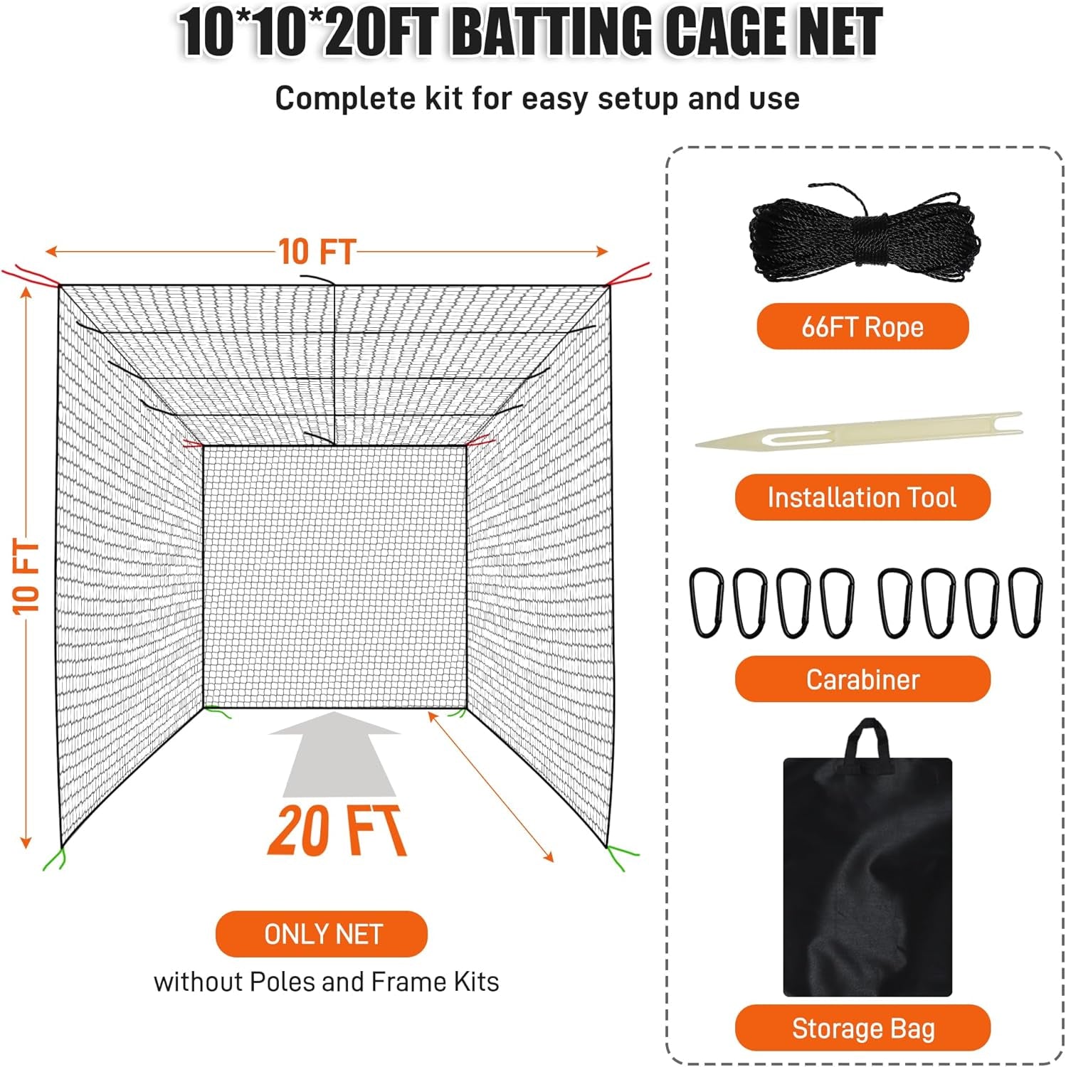 Baseball Batting Cage Net, 10X10X20/10X10X35Ft Softball Baseball Batting Netting for Backyard, Portable Hitting Practice Training Only Net with Carabiners & Carry Bag for Home Indoor Outdoor