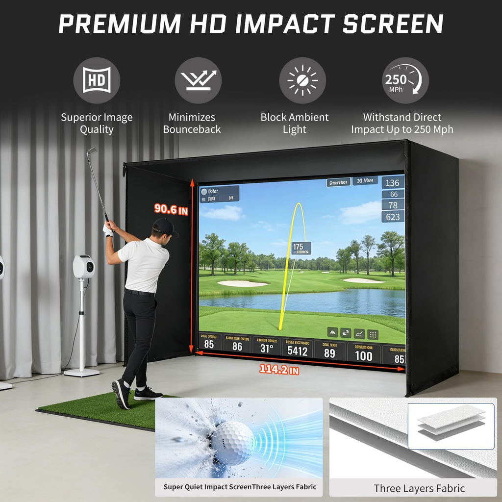 Upgraded Golf Simulator Enclosure, 10 X 8 Ft Golf Simulators for Home, HD Triple Layer Impact Screen, Foam Padding Steel Frame, Side Barrier Netting & Lightproof Cloth