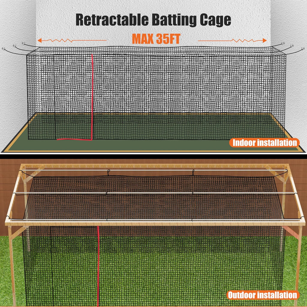 Baseball Batting Cage Nets,20‘L/ 35'L/55'L/70'L Baseball and Softball Cage Netting, Enclosed HDPE #30 /#45 Netting Batting Cages for Backyard and Indoor (NET ONLY)