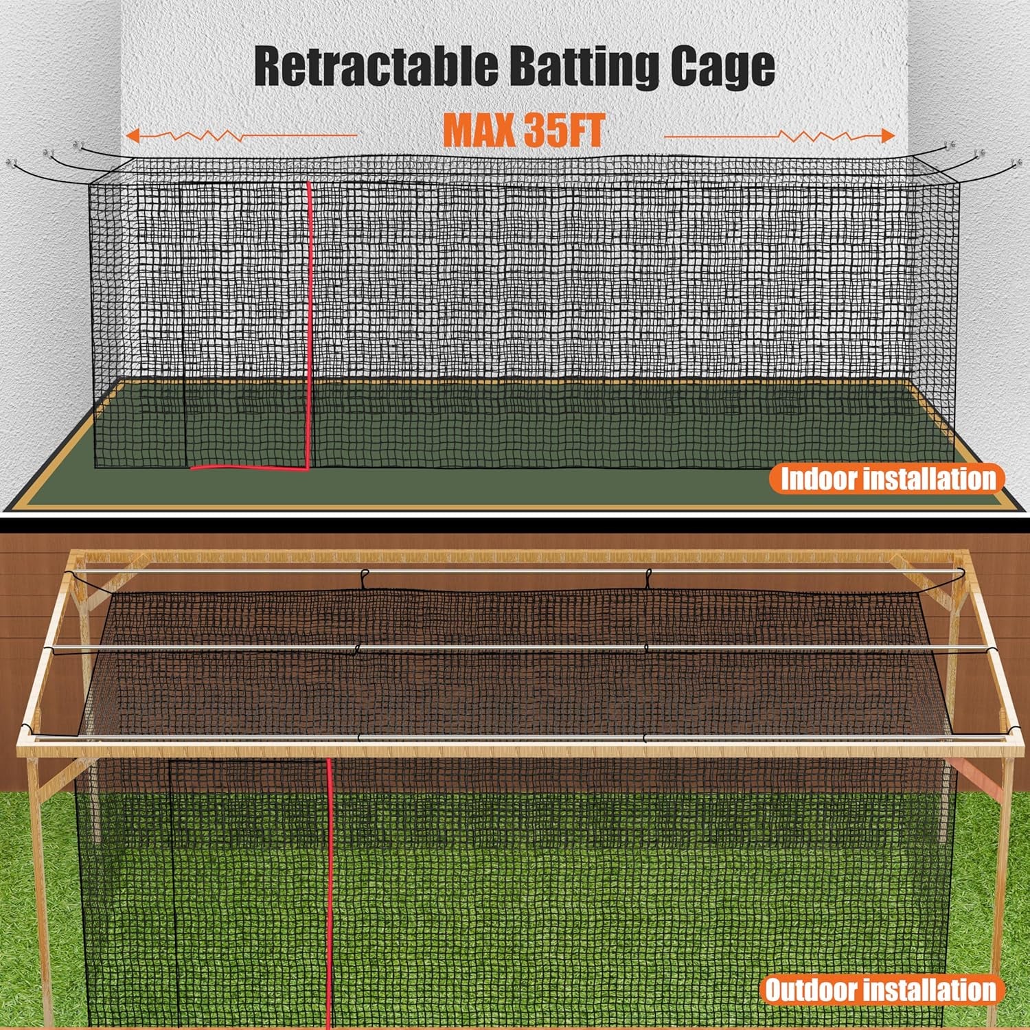 Baseball Batting Cage Nets,20‘L/ 35'L/55'L/70'L Baseball and Softball Cage Netting, Enclosed HDPE #30 /#45 Netting Batting Cages for Backyard and Indoor (NET ONLY)