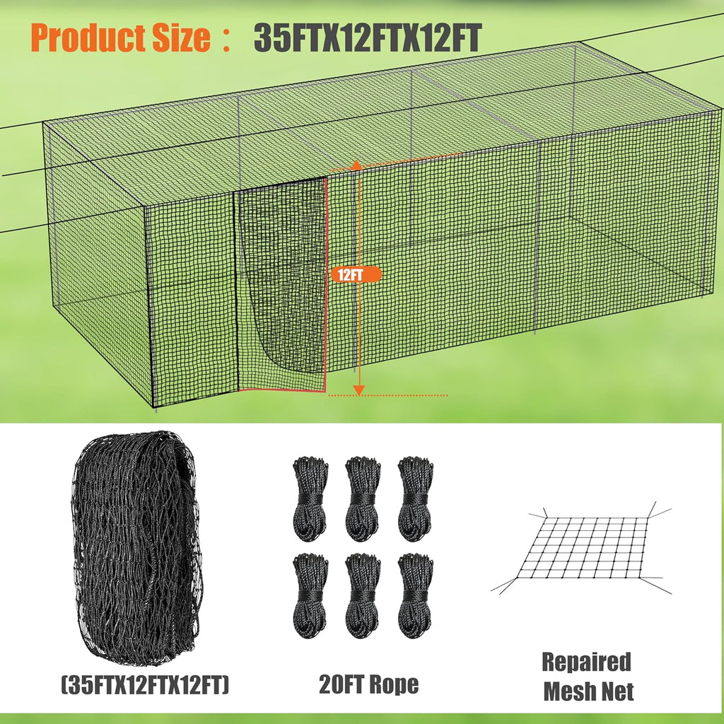 Baseball Batting Cage Nets,20‘L/ 35'L/55'L/70'L Baseball and Softball Cage Netting, Enclosed HDPE #30 /#45 Netting Batting Cages for Backyard and Indoor (NET ONLY)